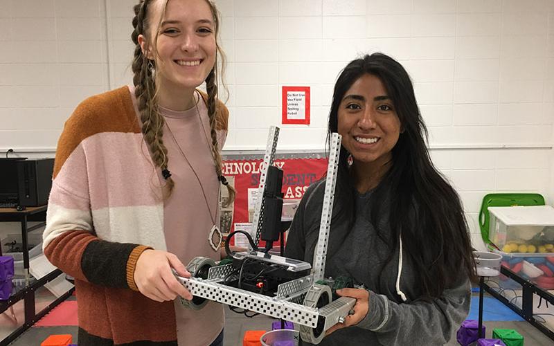 Fannin County High School’s Engineering program was recently awarded a Girl-Powered robotics grant through Vex Robotics and Robot Events for $1,000 and have created a girls team that will compete in compeitions this year. Shown with their VEX Robot are team members Lexi McGill, left, and Samantha Rosas.