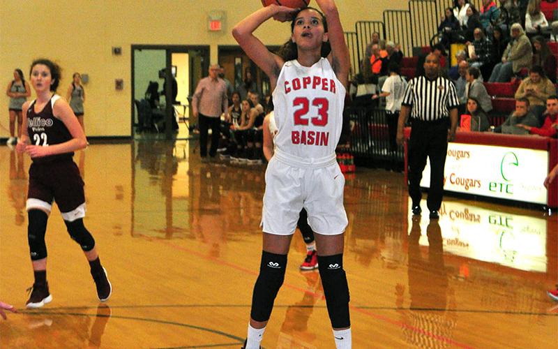 Lady Cougar Hailey Brackett shoots an open jumpshot during Copper Basin’s matchup with Tellico Plains Tuesday, January 7