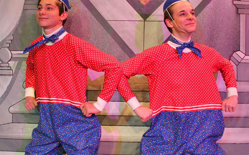 Tweedledee (Garrison Hamm) and Tweedledum (Zachary Parker) display their unusual apparel in the Blue Ridge Community Theater’s rendition of “Alice in Wonderland.” Enjoy the play every Friday, Saturday and Sunday between now and February 9.