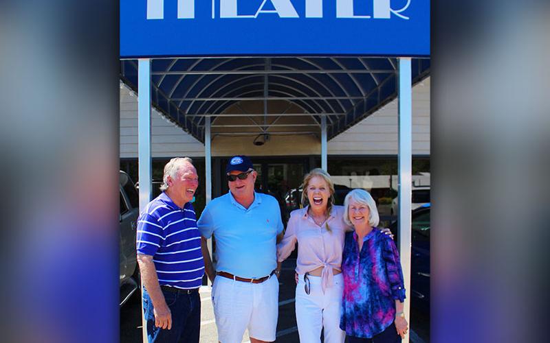 Blue Ridge Community Theater Board Members Jerry Locke, Mark Staley, Cathy Thomas and Hinky Wilcher, shown from left, relax under the new canopy donated by  Staley for the theater’s 20th anniversary. The 2020 Season Expo is January 11 at 2 p.m.