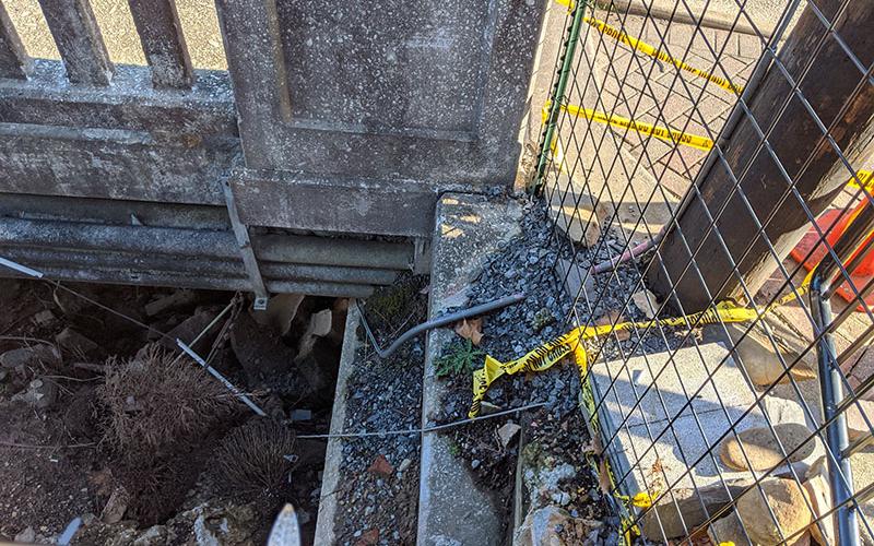 This hole has caused part of the sidewalk along Blue Ridge Drive in McCaysville to crumble and collapse. The situation has existed since around Halloween.