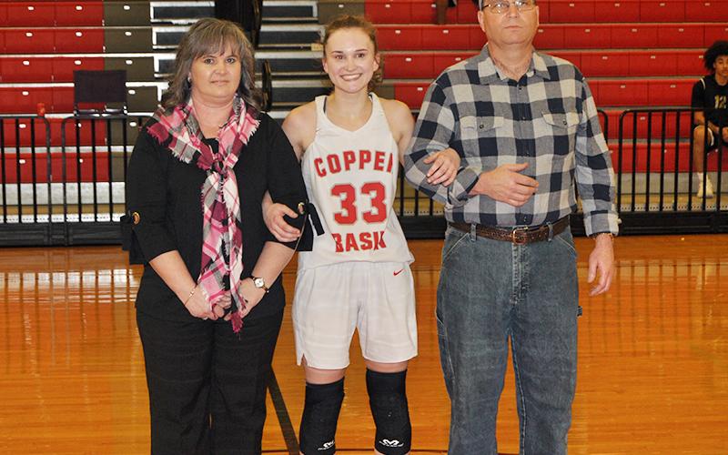 Emily Hemming was one of the 11 Copper Basin High School seniors that were recognized Tuesday, February 18. Hemming is shown with her parents, Tim and Alicia Hemming.