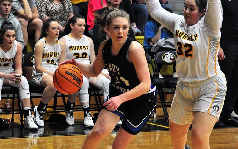 Lady Rebel Abby Ledford drives to the basket in recent action for Fannin County.