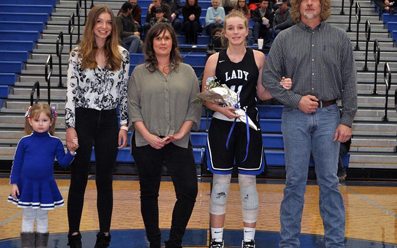 Lady Rebel Saidee Collins was one of eight seniors recognized at Fannin County’s home basketball game against Greater Atlanta Christian Friday, January 31. Shown are, from left, Sydney Collins, sister; Savada Collins, sister; Kelly Collins, mother; senior Saidee Collins and Kevin Collins, father.