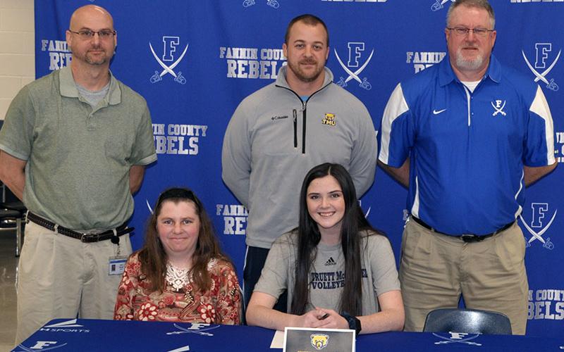 Lady Rebel Cheyanne Tilson chose to further her academic and volleyball career Monday, February 3, when she signed a Letter of Intent to play volleyball for Truett McConnell Univeristy. Shown are, from left, front, Lola Tilson, mother; Tilson; and back, FCHS head volleyball coach Jason Stanely, Truett McConnell University head volleyball coach Mark Corbin and FCHS junior varsity and assistant volleyball coach Joe Breeden.