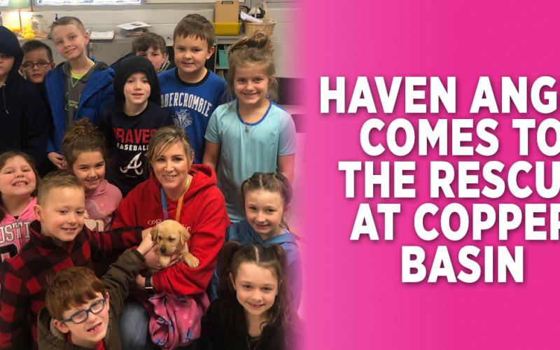 LeAnn Dockery’s second grade class at Copper Basin Elementary School gather for a photo while Dockery holds Haven Angel, the school’s new pup. Shown are, from left, front, Ethan Hedden, Brody Coleman and Malaney Scoggins; middle, Makenna Stone, EmmaSue Hughes, Dockery and Kallie Mosley; back, Zeke Allen, Edward Cole, Braydon Curtis, Braxton Lisk, Avery Chin, Briar Hicks and Madden Beach.