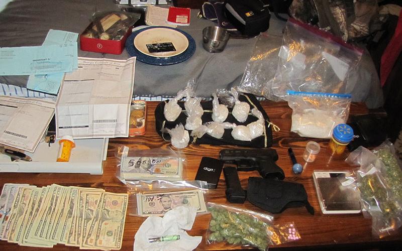 This is part of the drugs, money and other items seized when Fannin County Sheriff’s Office investigators served a search warrant at Kenneth Jeffery Bradburn’s home at 359 Old Hollow Road Monday, February 10.