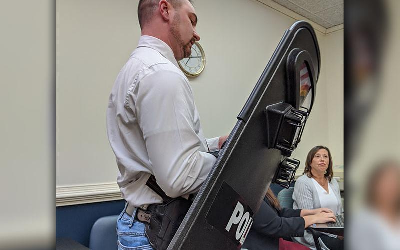 McCaysville Police Chief Michael Earley showed a tactical shield that just arrived prior to the city council workshop January 23, to council members. The shield purchase was approved last year.