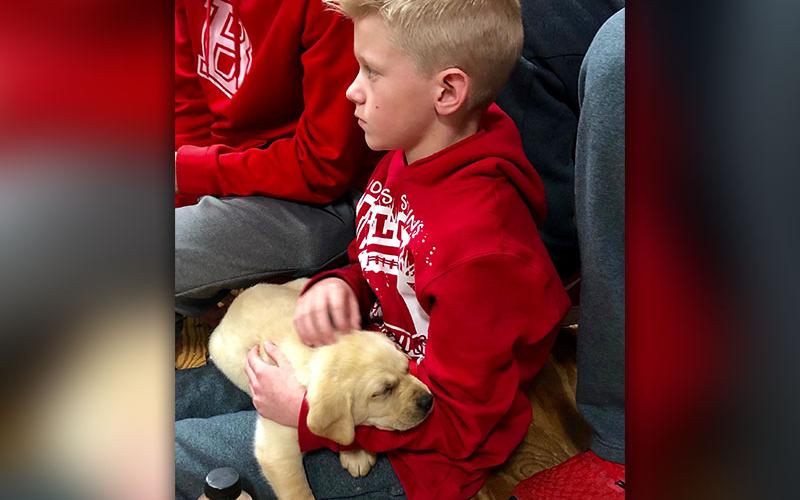Haven Angel enjoys a little personal attention from  Kaedan Grabowski during a basketball game.