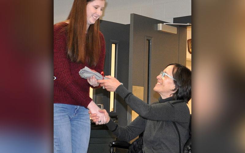 Recognized as a valuable asset to agriculture, Brooke Crowder was awarded a 2020 membership to the Fannin County Young Farmer’s Association as well as a t-shirt, which is being presented by 2019 Secretary Theresa Wollschlager.
