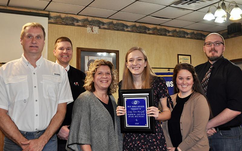 Fannin County High School senior Lexi McGill was selected as the 2020 Fannin County Student Teacher Achievement Recognition (STAR) student by the Blue Ridge Kiwanis Club during their annual banquet Monday, February 17. Shown are, from left, McGill’s father Randal McGill, Superintendent Dr. Michael Gwatney, McGill’s mother Kristy McGill, McGill, Counselor Sara Stewart and 2020 STAR teacher Todd Geren.