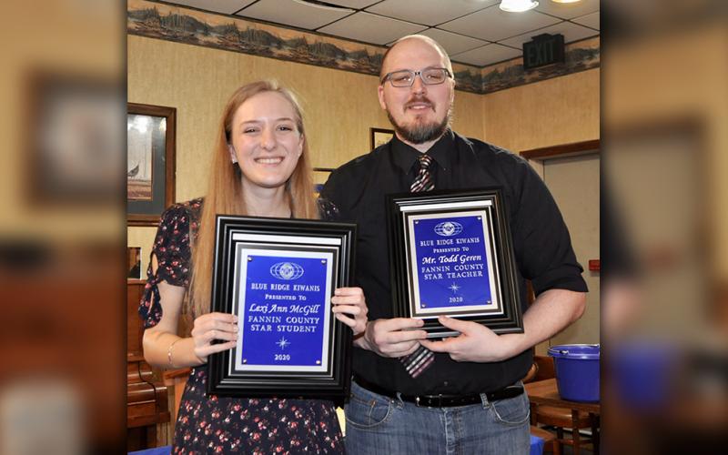 Fannin County High School senior Lexi McGill, left, was selected as the 2020 Fannin County Student Teacher Achievement Recognition (STAR) student during the Blue Ridge Kiwanis Club’s annual banquet Monday, February 17. McGill selected Drama teacher Todd Geren as the teacher who has had the most impact on her during her academic career.