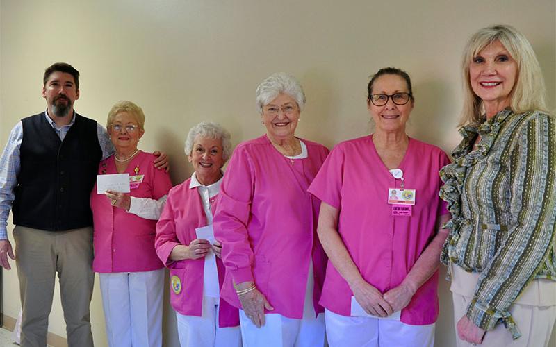 Four Fannin Regional Hospital Auxiliary members were honored with service pins and patches during the organization’s first quarterly meeting of the year Tuesday, January 28. Shown are, from left, Fannin Regional Hospital CEO Jason Jones, Louiza Whitaker with her 1,500 hour pin, Shirley Copeland with her 5,000 hour pin, Carole Thomas with her 200 hour pin, Janet Teschner with her 100 hour patch and Director of Volunteer Services Susan Kiker.