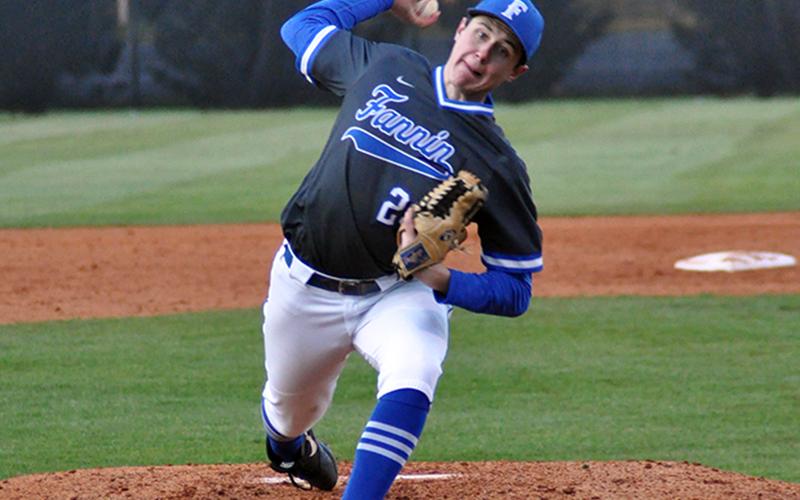 Fannin Rebel Gabe Buchanan throws a strike during the Rebels double header with the Holy Innocents Golden Bears Friday, March 6.