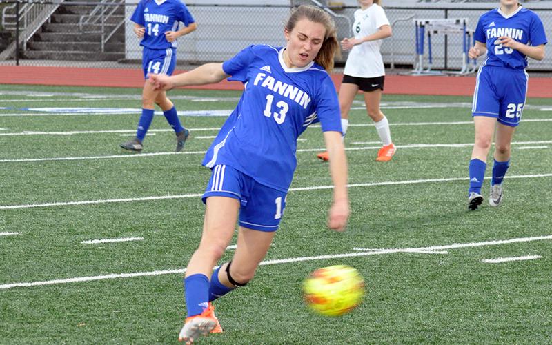 Ana Arvidson takes a shot at the goal in recent action for the Fannin County Lady Rebels soccer team.