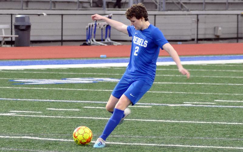 Fannin Rebel Michael Dillard takes a shot at the goal in recent action for the Fannin Rebels soccer team.