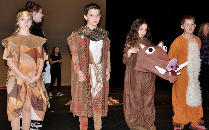 West Fannin Elementary School held a dress rehearsal prior to their production of The Lion King Wednesday, March 4. Among the many students staring in the performance are, from left, Hailey Stewart, Cayden Cantrell, Veronica Oyster and Keats Miller.