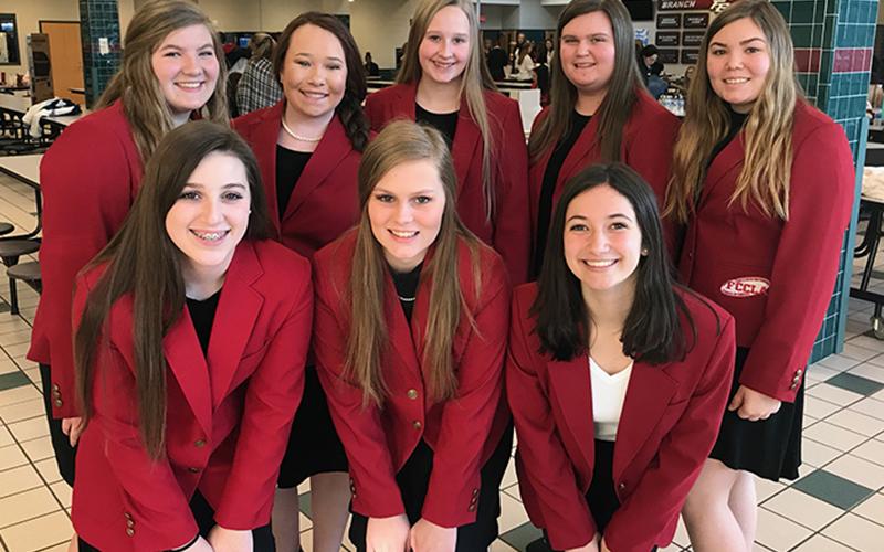 Seven Fannin County Family Career and Community Leaders of America (FCCLA) students competed and placed at Region Students Taking Action with Recognition (STAR) event competitions on Saturday, February 22. Shown are, from left, front, Sierra Reynolds, Alexis Hill and Isabella Tocci; back, Bailey Pettit, Sydney Tarpley, Anna Rhodes, Gracie Stewart and Kharcee-Lane Hughes.