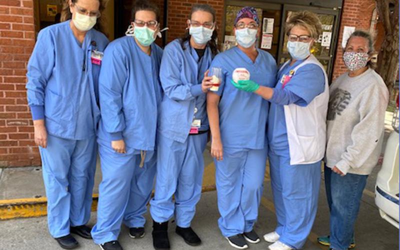 The folks of Dairy Queen (DQ) in Blue Ridge made their sixth delivery of cheeseburgers and sundaes to the emergency room and intensive care staffs at Fannin Regional Hospital Friday, April 17. Shown are, from left, Cheryl Griesinger, Beth Herison, Karen Collis, A.J. Sharpe, Teresa Whiddon and DQ volunteer Marilyn Parrott.