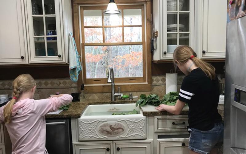 The Galloway sisters, Adia, left, and Airianna, have been having Home Economics classes with their mom, Amanda, after completing their daily COLD online learning.They are shown washing and preparing collard greens.