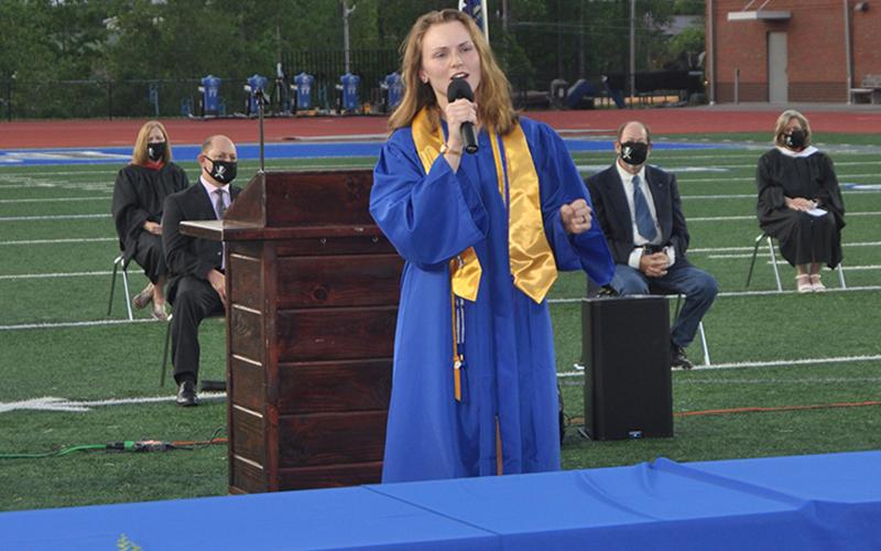 Fannin County graduate Abbey Arvidson sings “Rise Up” during the Fannin County High School 2020 graduation Friday, May 22.