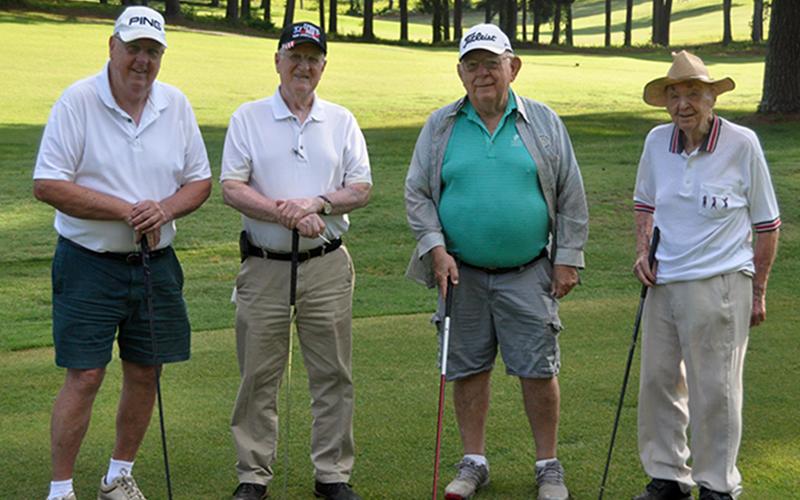 Local historian and centenarian Dale Dyer played nine holes of golf at the Copper Basin Golf Club Thursday, June 11. Shown in his foursome, from left, Ron Hartness, Bill Huff, Dr. Howard Tilley and Dyer. Hartness says this historic, annual outing will continue as long as the golfers are able.