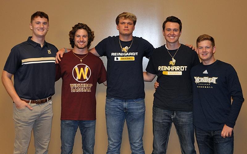 RIGHT: The Fannin County High School baseball team recently held an event for the five seniors on the team. Each senior has signed a scholarship to play baseball at the collegiate level. Shown are, from left, Naval Academy signee Matthew Shirah, Winthrop University signee Carson Beavers, Reinhardt University signees Blake Rogers and Gabe Buchanan, and Montreat College signee Jerritt Holloway.