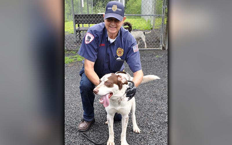 This male Pointer mix was found off Blue Ridge Drive in McCaysville June 12 and will remain at Animal Control until adopted. He has soft, white fur with brown spots. This guy has a great personality. View him using intake number 161-20. He is shown with Animal Control Officer Pat Patterson.