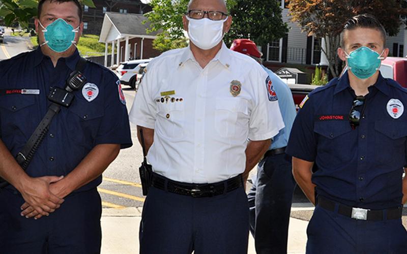 Fannin County Firefighters, from left, Bradley Beaver, Deputy Chief Rob Ross and Channing Johnstone were among the many public servants who attended the Mountain Patriots’ Public Prayer Rally.