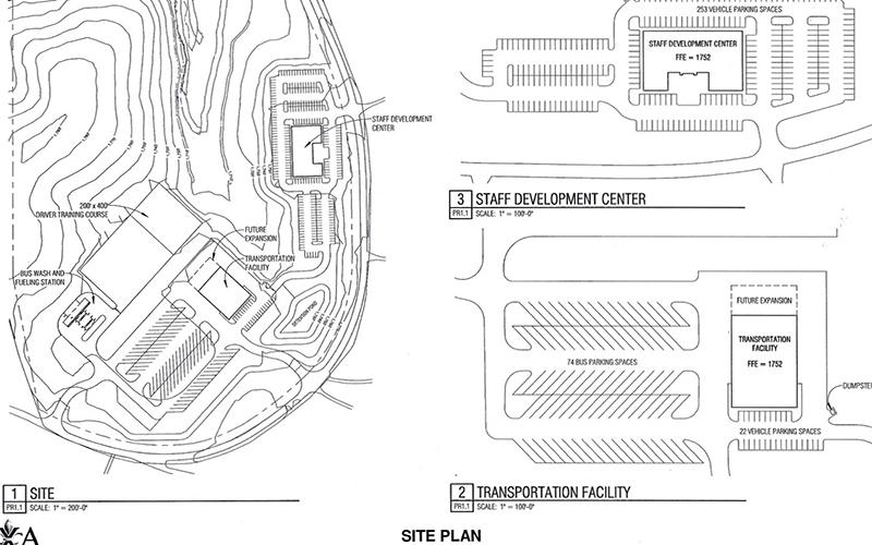 Architecural renderings for a new Fannin County School System transportation facility and staff development center were presented to the Fannin County Board of Education Thursday, July 23. Shown is a rendering of how the two facilities would lay on the 35.75 acre property off of Highway 76 near the Blue Ridge Dam.