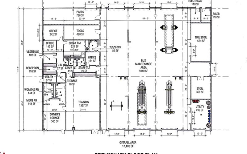 A preliminary floor plan of the newly proposed Fannin County School System Transportation Facility is shown. The facility would include bus maintenance areas, training space, office space and more.
