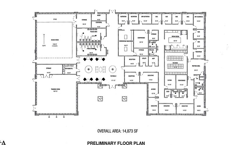 A preliminary floor plan of the newly proposed Fannin County School System Staff Development Center is shown. A new board room and training room would be placed on one side of the facility, while office space for a new central office would be placed on the other.