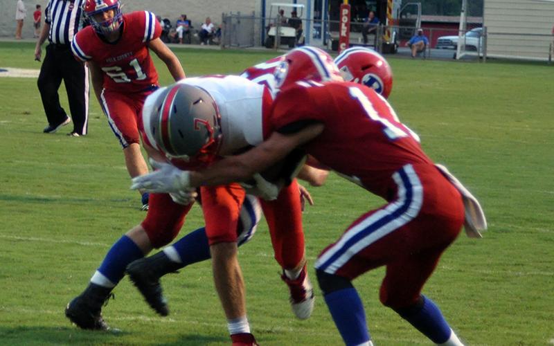 Copper Basin Cougar Dawson Worthy (7) catches a pass on a slant for a touchdown during the Cougars 28-19 victory over Polk County Friday, August 21.