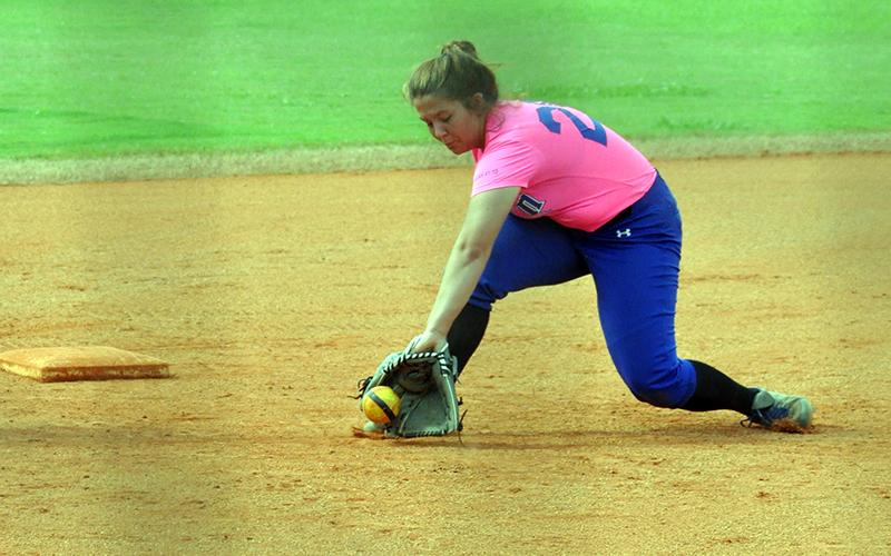 Lady Rebel Chelsey Fyre stops a ground ball in recent action for the Fannin County Lady Rebels softball team.