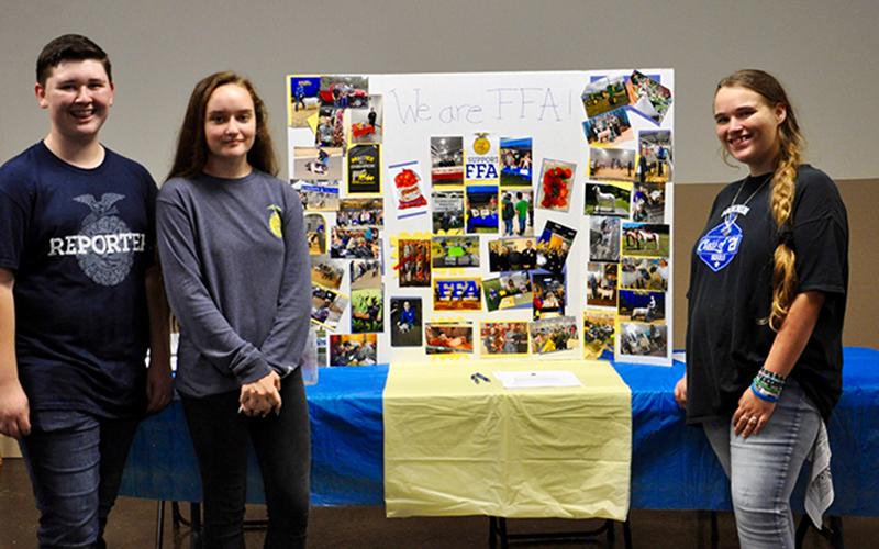 Fannin County’s FFA were at the annual Kiwanis Club of Blue Ridge and Mountain Valley Motors Rodeo Friday, August 21, showing folks what they do. Shown are, from left, FFA Reporter Blake Nicholson, Historian Kaleighanne Ware and Treasurer Kiaya Jones.