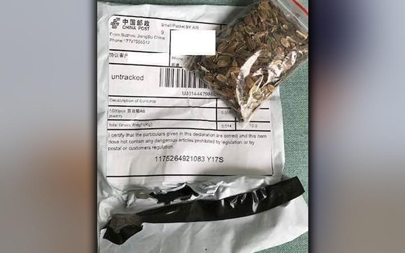 Georgia residents have notified officials of received packages from China containing unknown seeds. A package a resident has received is shown above.