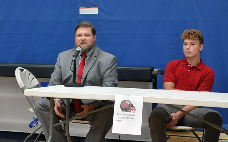 Copper Basin Offensive Coordinator Jeremy Locke answers a question during the 2020 Media Day at the Fannin County Recreation Center Friday, August 7.