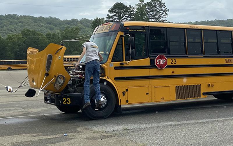 A windshield technician recently installed a new windshield on a school bus as the Fannin County Transportation Department continued to prepare for the return of school Friday, August 7.