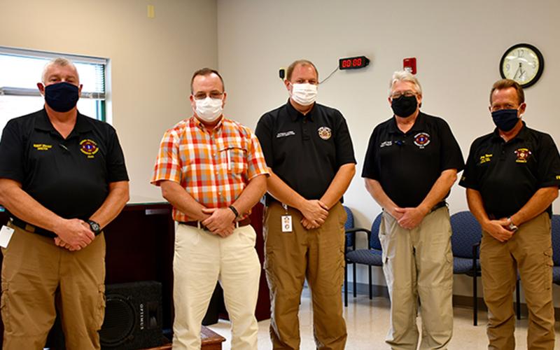 Fannin County EMA will receive $96,285.39 through an Assistance to Firefighters Grant for COVID-19 response from the federal government. The following people, from left, were instrumental in receiving the grant: EMA Director Robert Graham, Volunteer Bill Brown, 911 Director and EMA Deputy Director Patrick Cooke, EMA Deputy Director Darrell Payne and Fire Chief Larry Thomas.