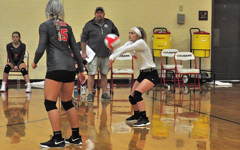 Channing Beach keeps a volley alive in recent action for the Copper Basin Lady Cougars volleyball team.