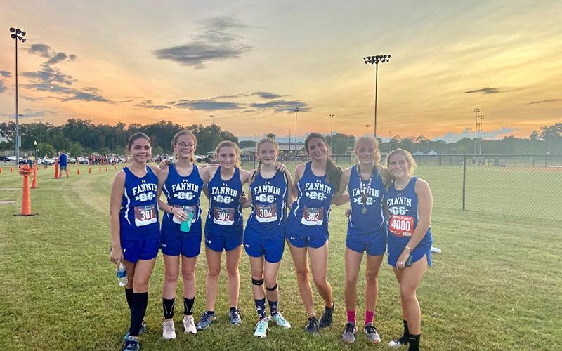Lady Rebels cross county athletes smile for a photo after a meet in recent action for Fannin County. Shown are, from left, Kristin Cipich, Olivia Temples, Shaylee Jones, Erin Jones, Monic Cosentino, Carlee Holloway and Teagan Cioffi.