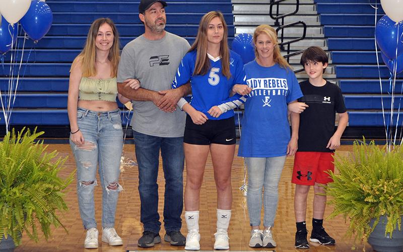 Fannin County held senior night for the five senior Lady Rebels Thursday, September 10. Shown are, from left, sister, Jordan Anderson; father, Jeff Anderson; senior, Alyssa Anderson; mother, Tashina Anderson; brother, and Peyton Anderson.