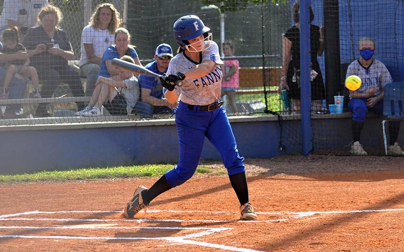Riley Davis slugs a ball in recent action for the Fannin County Lady Rebel softball team.