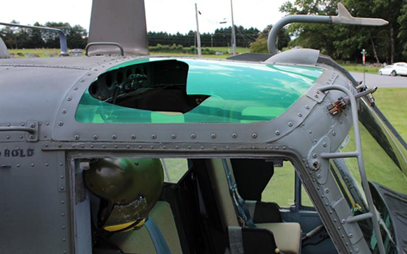 The Huey helicopter located in the Fannin County Veteran’s Memorial Park was found damaged Saturday, August 22. The damage is shown in this photo with a large hole in the greenhouse window.