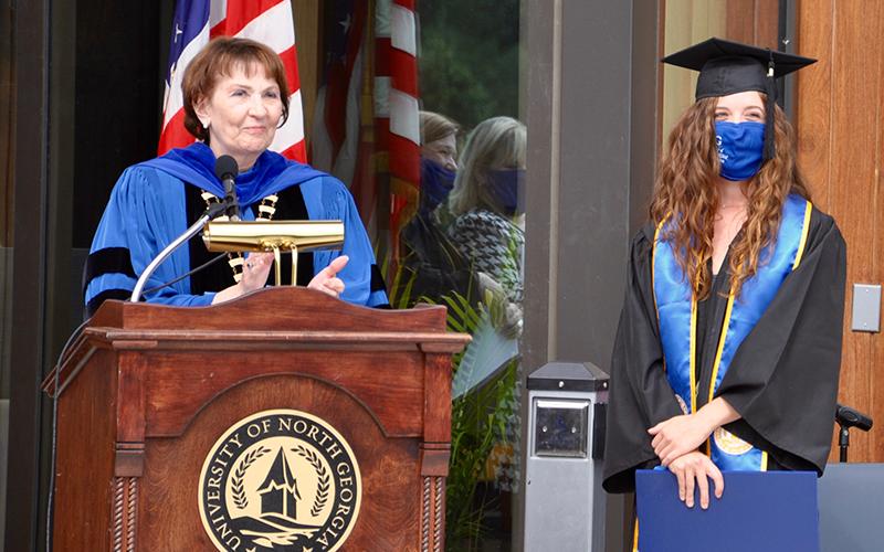 The University of North Georgia (UNG) decided to honor one of Blue Ridge’s own, Candace Seabolt, right, during the ribbon cutting ceremony for the new Blue Ridge Campus. Seabolt graduated Cum Laude this year with a degree in kinesiology with a teaching certificate, but formal ceremonies had been canceled due to COVID-19. Seabolt is also one of five UNG students to be accepted for the Fulbright U.S. Student Program and the first ever from Blue Ridge. Seabolt will travel to Taiwan to teach English as part of