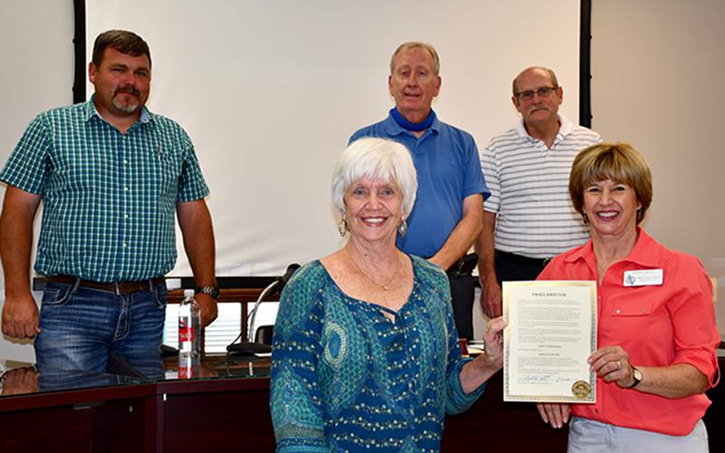 The Fannin County Board of Commissioners proclaimed the week of September 17 through the 23 as Constitution Week and Thursday, September 17, as Constitution Day during a meeting Tuesday, September 8. Shown are, from left, back, Post One Commissioner Earl Johnson, Chairman Stan Helton and Post Two Commissioner Glenn Patterson; front, Karen Alsup and Nancy Page with The Old Unicoi Trail Chapter of National Society of the Daughters of the American Revolution.