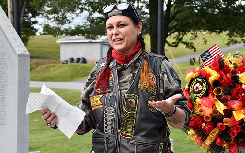 Combat Veterans Motorcycle Association North Georgia Chapter Commander Rob Denison led, Saturday, September 12, State Representative Bunny Manhart, National Sergeant at Arms Gary Lujan and Executive Officer Bubba Slater to place a wreath at the Fannin County Veterans Memorial Park in honor of those who lost their lives during the 9/11 terrorist attacks of 2001.