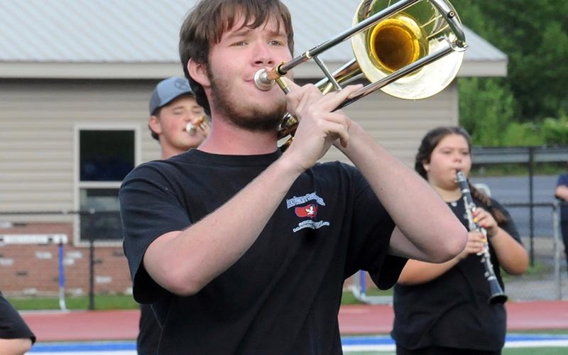 Will Watkins plays a marching tune during Fannin County High School’s first halftime performance of the year.