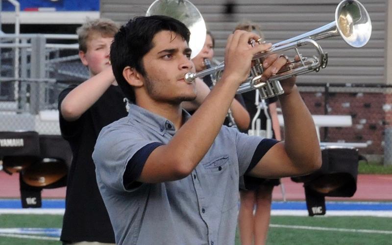 Fannin County Marching Band member Justin Tanner joins his fellow bandmates to perform during the halftime portion of the Fannin County High School football team’s Blue/Gray scrimmage Friday, August 28.