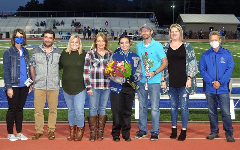 Senior Kylee Cornelius was one of six band members honored during the Fannin County senior night ceremony Friday, October 9. Shown are, from left, Andrew Kjeldgaard, Dawn Cornelius, Robbie Cornelius, Cornelius, Michael Cornelius and Kayla Cornelius.